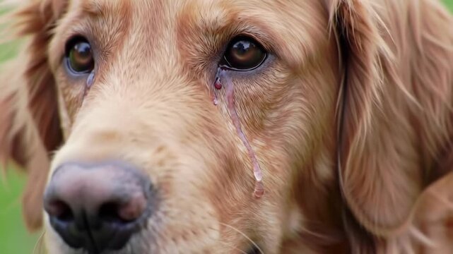 Close-up of Golden Retriever dog eye with tears rolling down