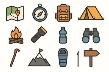 Outdoor adventure icons: maps, compass, backpack, tent, campfire, hiking essentials