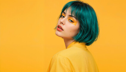 Stylish Woman With Colorful Hair Posing Against Bright Yellow Background