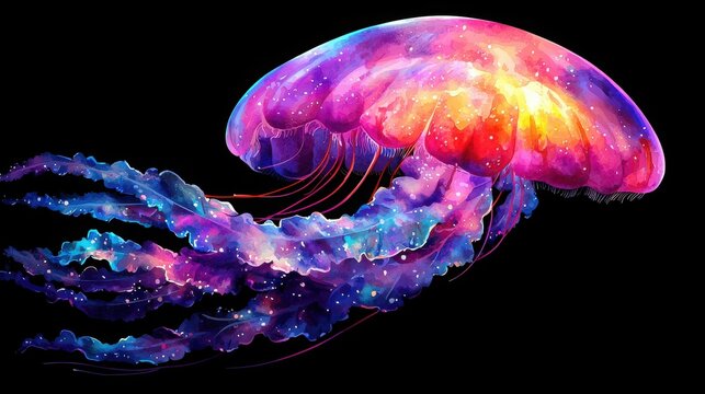 Easy Watercolor Painting Tutorial Concept. Vibrant Abstract Jellyfish with Colorful Cosmic Background and Dreamy Neon Tentacles