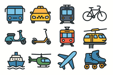 Colorful transportation icons: bus, taxi, train, bicycle, scooter, ship, helicopter, airplane, skates