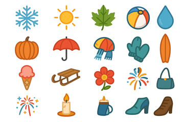 Seasons icons: snowflake, sun, leaf, beach ball, and more colorful symbols
