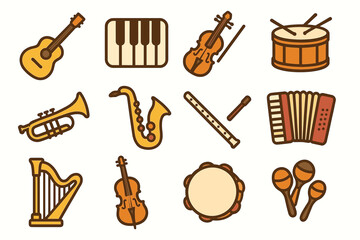 Colorful musical instrument icons set featuring guitar, piano, violin, and more