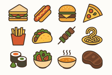 Variety of iconic fast food: burgers, pizza, tacos, and more