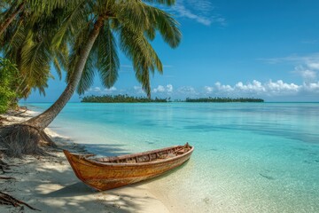 Fototapeta premium Traditional wooden outrigger canoe rests on a pristine white sand beach under a swaying palm tree beside turquoise ocean waters