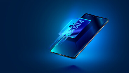 Esim icon over mobile phone in 3d isometric. digital virtual electronic sim card over screen of modern smart phone. Esim technology concept.
