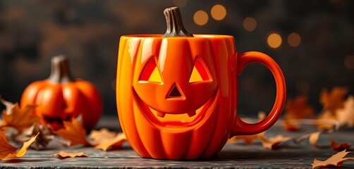 Smiling jack-o'-lantern on orange Halloween coffee cup,  drinkware,  whimsical