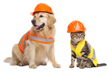 A golden retriever dog and tabby cat sitting wearing construction hats and safety vests on white background