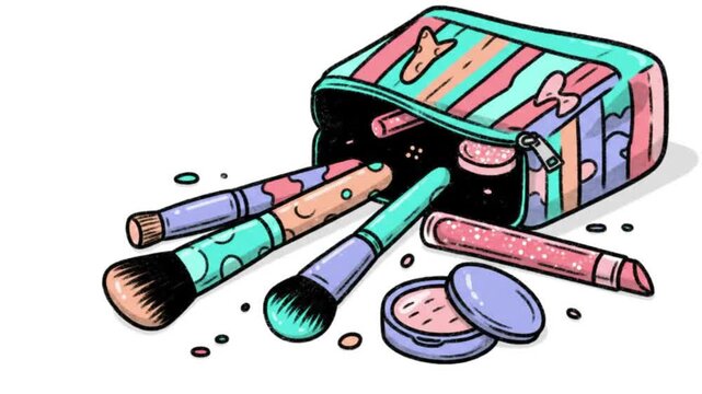 Spilled makeup bag with brushes, compact, and lip gloss