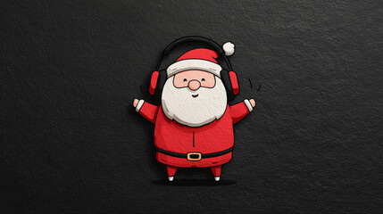 Christmas  Cartoon Santa with snow, hat, scarf, and headphones over black snow texture background 