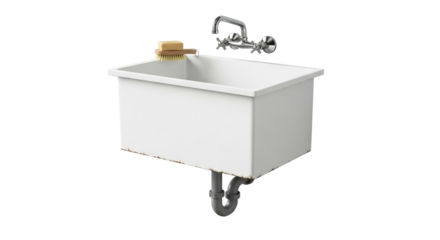 white farmhouse utility sink with faucet and cleaning brushes