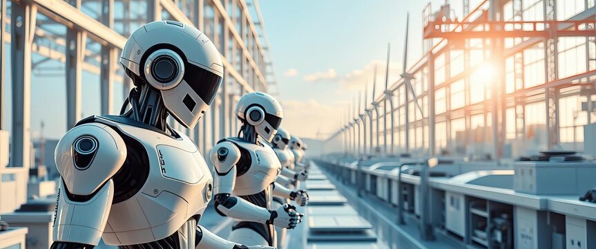 Sleek robots work in a pristine, sunlit factory powered by wind turbines,  chrome,  science