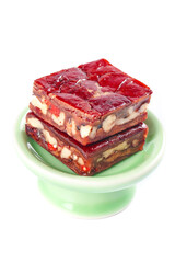 Vegan Date Nut Bars with Red Glaze on Green Cake Stand - Healthy Plant-Based Dessert Squares