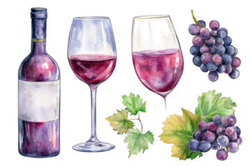Watercolor representation of a wine bottle and glasses alongside grapes, inviting a cozy evening atmosphere for wine connoisseurs