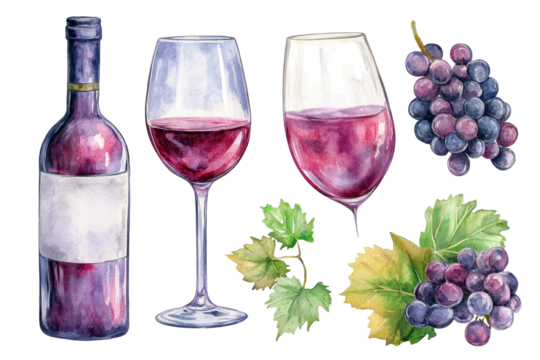 Watercolor representation of a wine bottle and glasses alongside grapes, inviting a cozy evening atmosphere for wine connoisseurs