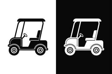 Simple black silhouette of a golf cart on a clean white black background. Golf cart icon design