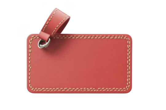 Red leather luggage tag vector illustration, travel accessories, vacation baggage label, identification isolated on transparent background