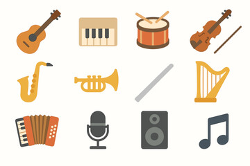 Collection of musical instruments: guitar, drum, violin, saxophone, piano, trumpet, flute, harp, accordion