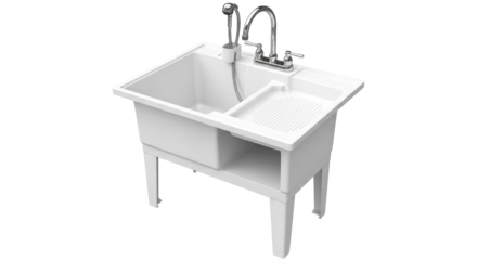 white plastic utility sink with chrome faucet and sprayer laundry room essential