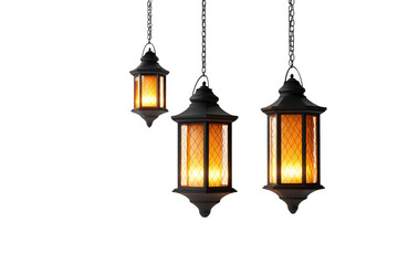 Hanging ramadan lanterns illustration, glowing islamic decoration, eid mubarak lanterns, arabic lamps, religious festival isolated on transparent background