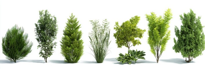 Fototapeta premium Collection of various green trees and shrubs with different shapes and textures arranged against a white background