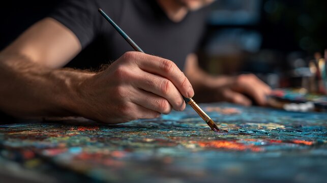 Artist Painting Abstract Colorful Artwork in Studio with Focused Hand