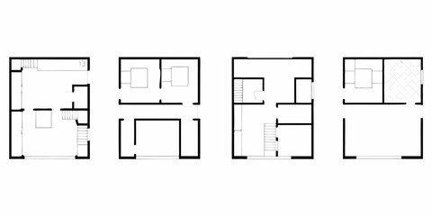 Four simplified architectural floor plan diagrams showing different house layouts and room arrangements