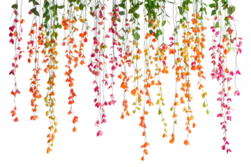 Hanging floral garland with pink, orange, and green flowers - decorative vine arrangement for events and crafts isolated on transparent background