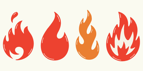 Collection of stylized flat design fire flames in red and orange colors on a light background