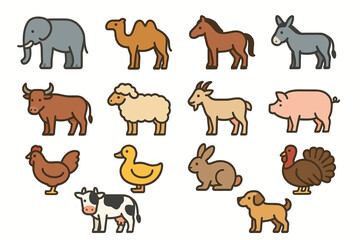 Fototapeta premium Cartoon farm and zoo animals in simple style with farm pets and wildlife diversity