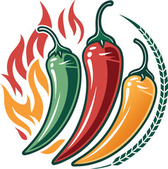 Illustration of three chili peppers with flames and decorative leaves, showcasing a vibrant color palette and suggesting a spicy, flavorful culinary experience