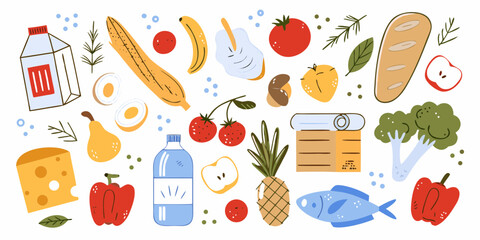 Collection of colorful and healthy food items and drinks in a flat design style