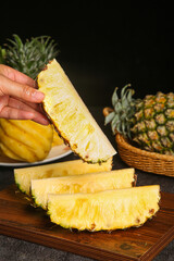 Fresh Pineapple Slices Hand Held on Wooden Board Zhanjiang Xuwen China Tropical Fruit Harvest