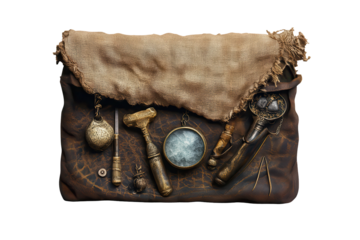 Mystical satchel filled with fortune telling tools displayed on a textured surface revealing hidden secrets and ancient wisdom