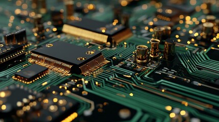 Close Up of Electronic Circuit Board with Microchips and Gold Components in Sharp Focus