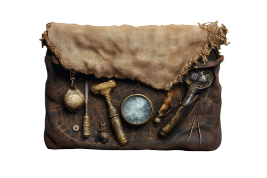 Mystical satchel filled with fortune telling tools displayed on a textured surface revealing hidden secrets and ancient wisdom - Powered by Adobe