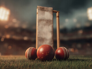 Three cricket balls and a wicket on a grassy field