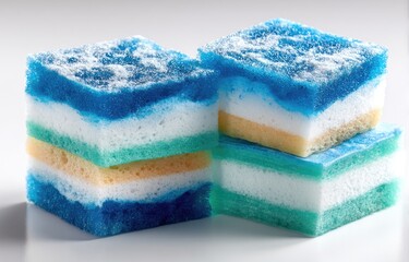 Stacked, multi-layered sponges in shades of blue, teal, and cream, showcasing textured layers