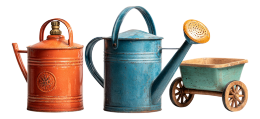 Vintage Watering Cans and Garden Cart on White