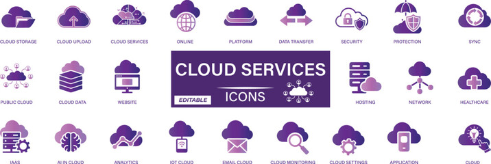Collection of cloud services icons including computing, storage, hosting, sync, data transfer, and security. Editable solid vector symbols for technology and digital solutions.