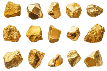 Collection of shiny gold nuggets isolated on a white background highlighting their natural formations and unique textures