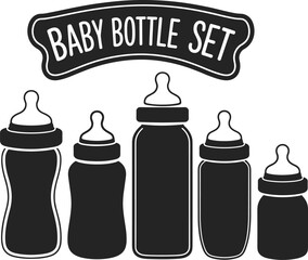 Baby bottle set illustration, feeding bottles, newborn essentials, infant care, black and white vector, baby feeding icons, milk container.