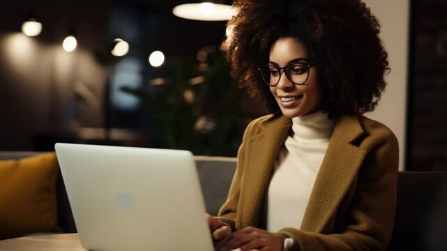 Young woman working on laptop in cozy cafe during evening hours with warm ambiance and soft lighting - Powered by Adobe