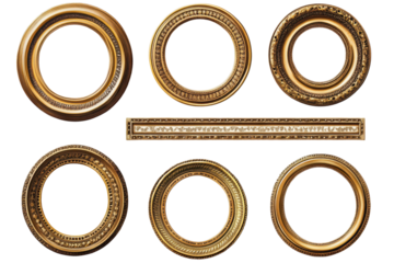 Collection of antique golden photo frames showcasing intricate designs, suitable for enhancing artistic displays or home decor in a classic setting