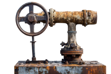 Old rusty water pump with weathered texture standing isolated on transparent background with low resolution showcasing its vintage charm and industrial design features