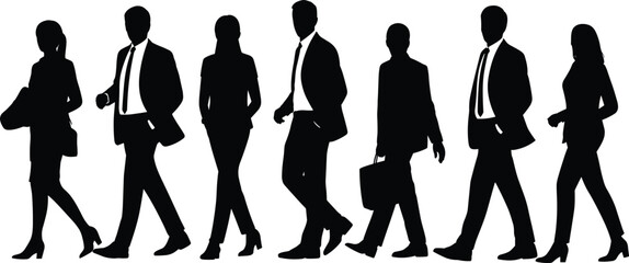 Business people walking, silhouette illustration, corporate professionals, teamwork concept, office attire, group of executives, leadership, motion, success, strategy.