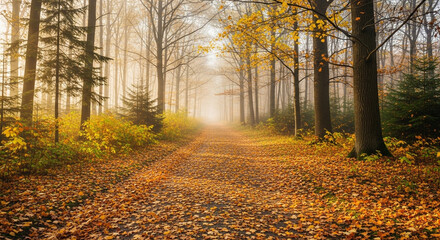 Wide forest path blanketed in golden autumn leaves with soft sunlight and gentle morning fog creating a serene, peaceful woodland atmosphere