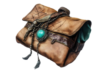 Mystical satchel filled with fortune teller's tools featuring stones and charms designed for divination