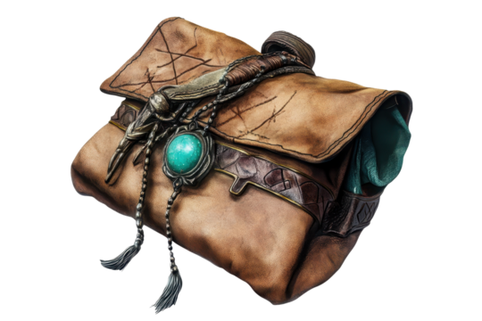 Mystical satchel filled with fortune teller's tools featuring stones and charms designed for divination