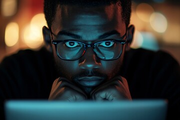 Close-up photo of a smiling young man in glasses and a blue shirt, sitting at an office desk, using a credit card and holding a mobile phone in hand, demonstrating confidence, Generative AI